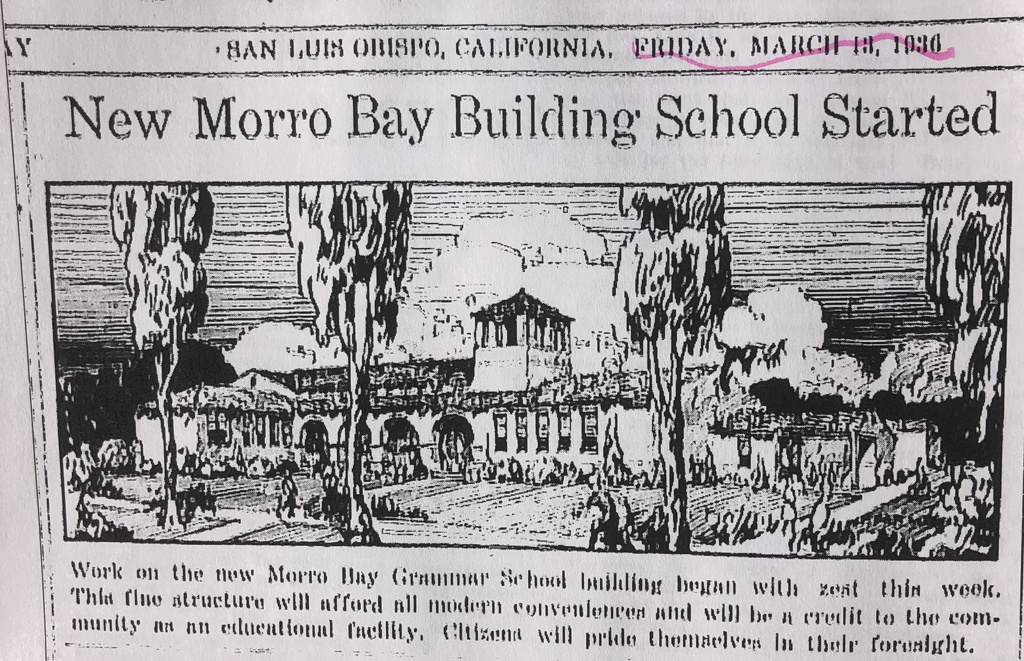 The Sun Bulletin shows a drawing of the school to be built in Morro Bay in 1936.